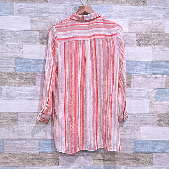 NANETTE LEPORE Longline Polo Collar Popover Top Coral Stripe Slits Womens Small - Picture 4 of 7